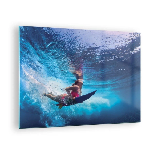 Tablou pe sticlă - O scenă subacvatică cu un surfer în acțiune dinamică - 70x50cm - Profunzimea bucuriei - Decorațiune modernă pentru perete pentru living și dormitor ARTTOR