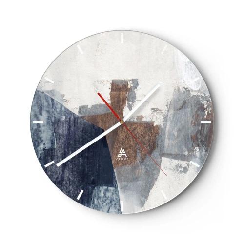 Ceas de perete - Ceas pe sticlă - O compoziție abstractă în nuanțe de maro și albastru marin. - 30x30cm - Forme albastre-maronii - Decorațiune modernă pentru perete pentru living, bucătărie și dormitor ARTTOR