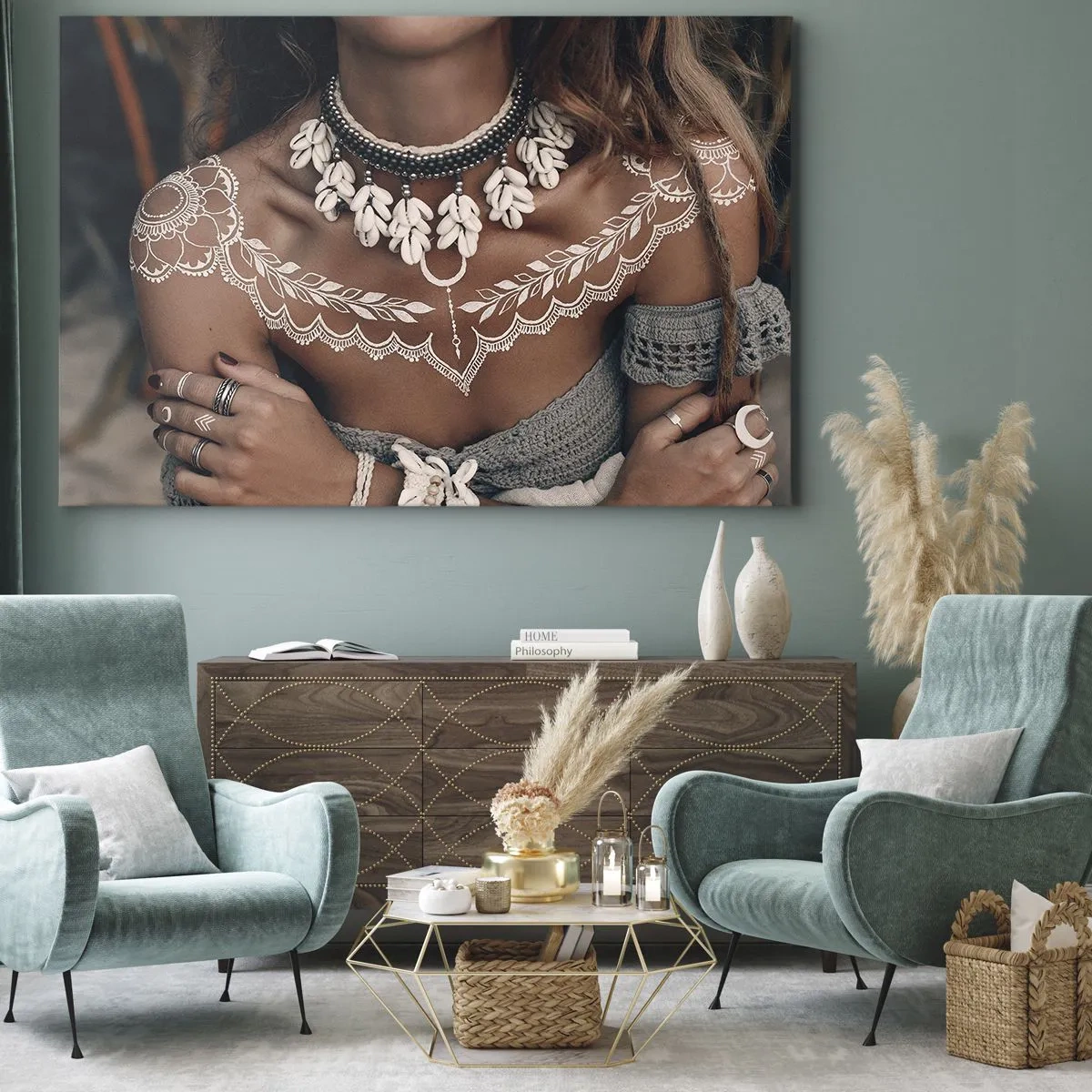 Tablou pe pânză Canvas - Stil boho cu bijuterii din scoici și model de dantelă - 70x50cm - Talismanele, ritualurile feminității - Decorațiune modernă pentru perete pentru living și dormitor ARTTOR