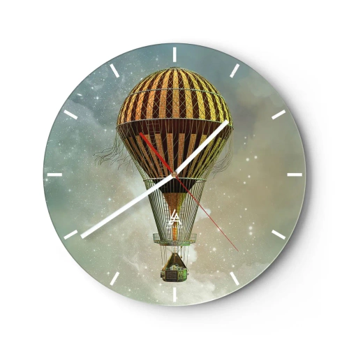 Ceas de perete - Ceas pe sticlă - Un balon stilizat plutind deasupra unui cer înstelat, cu un aspect retro. - 30x30cm - Zboruri de pionierat - Decorațiune modernă pentru perete pentru living, bucătărie și dormitor ARTTOR