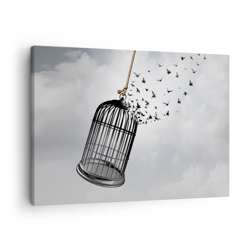 Tablou pe pânză Canvas - Păsări care zboară dintr-o cușcă pe cer - 70x50cm - Credință...Speranță...Libertate! - Decorațiune modernă pentru perete pentru living și dormitor ARTTOR