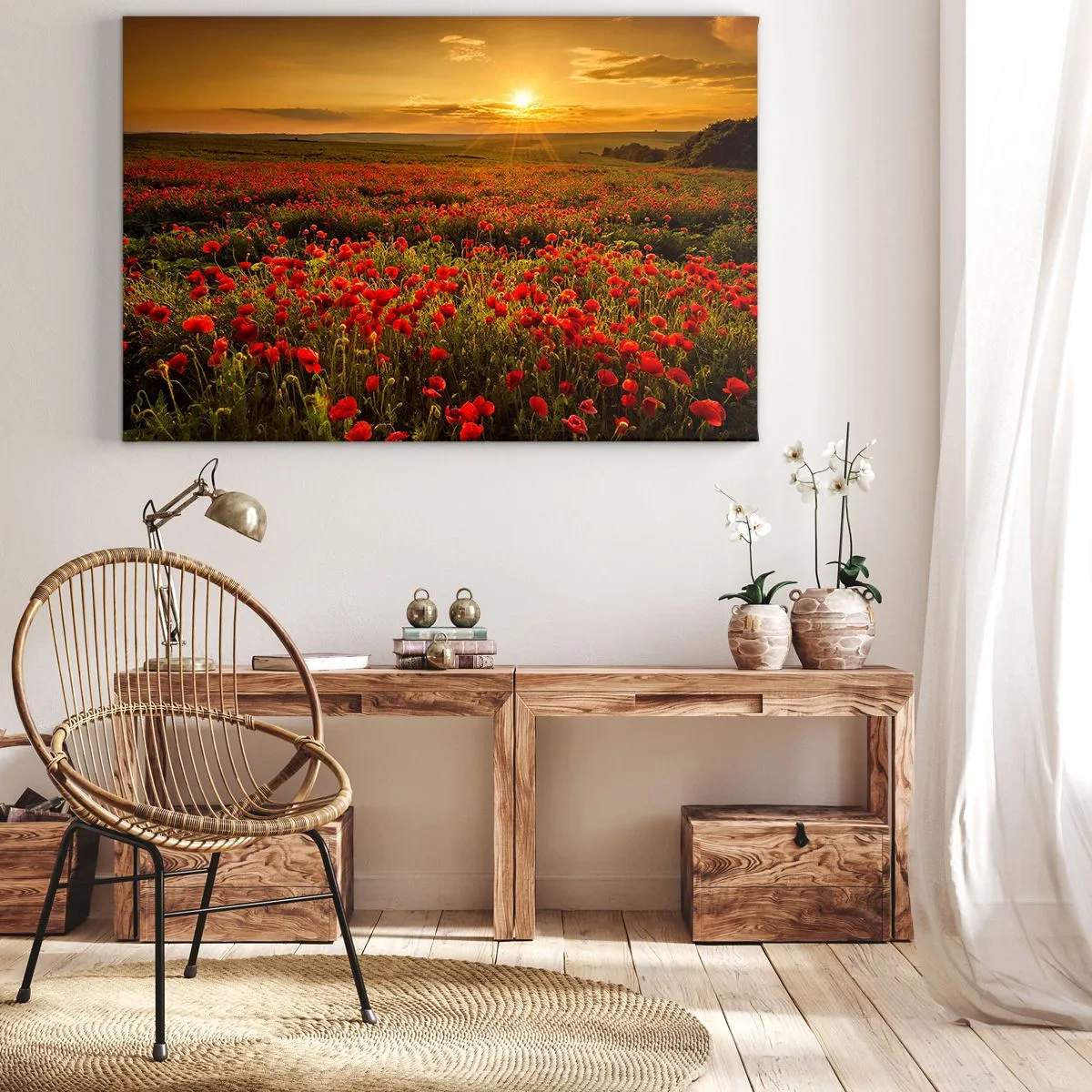 Tablou pe pânză Canvas - Un câmp de maci roșii în strălucirea soarelui care apune - 70x50cm - Printre valuri de pajiști care zumzăie, printre potop de flori - Decorațiune modernă pentru perete pentru living și dormitor ARTTOR