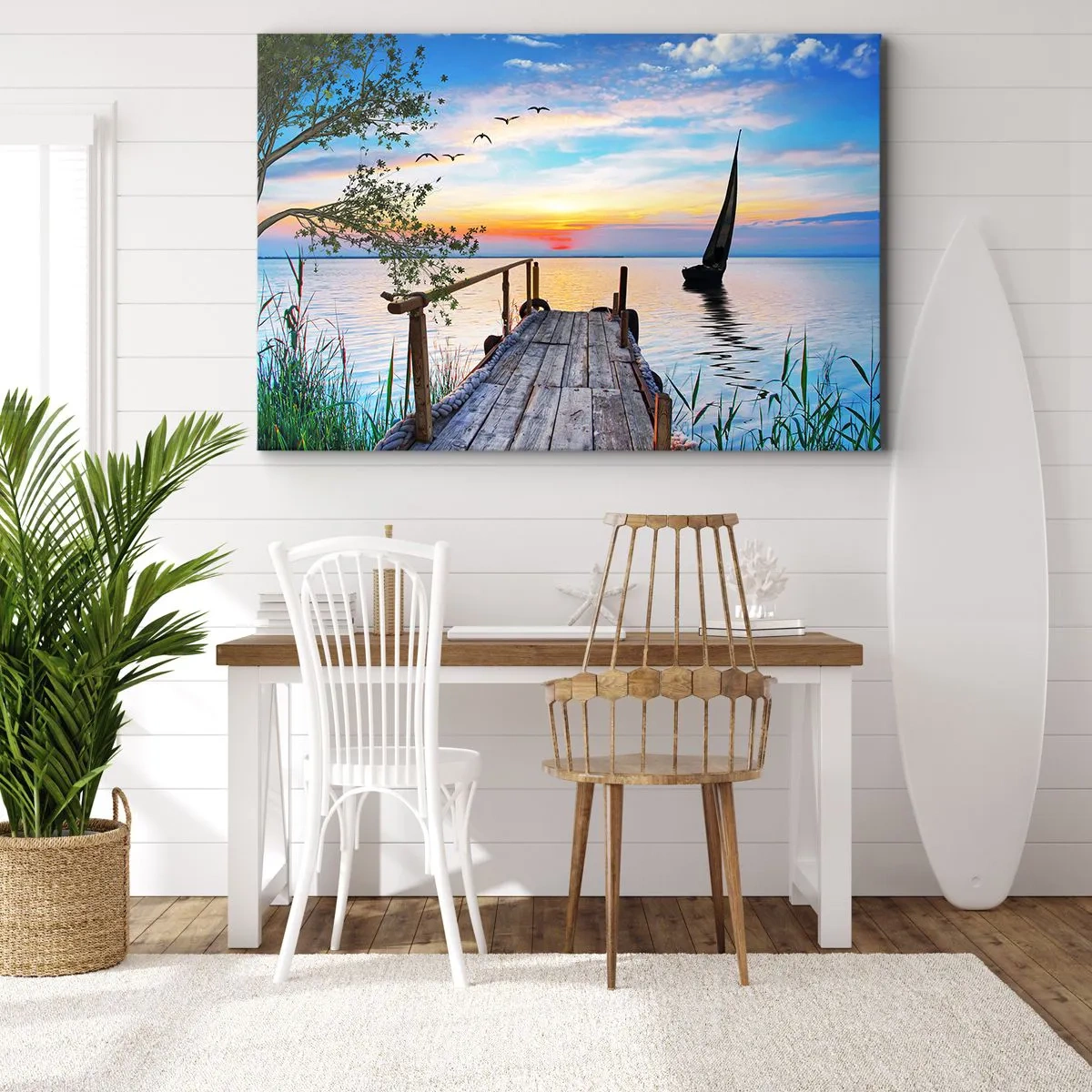 Tablou pe pânză Canvas - Dig lac cu barcă și apus de soare - 70x50cm - Bună seara - Decorațiune modernă pentru perete pentru living și dormitor ARTTOR