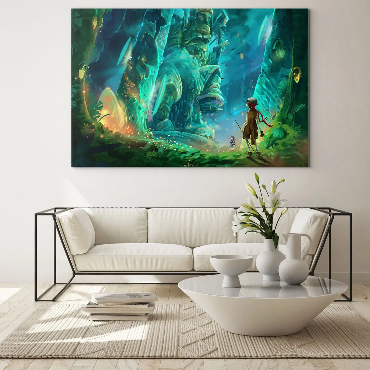 Tablou pe sticlă - Peisaj fantastic cu o figură și o statuie antică în pădure - 70x50cm - Din Marea Carte a Basmelor - Decorațiune modernă pentru perete pentru living și dormitor ARTTOR