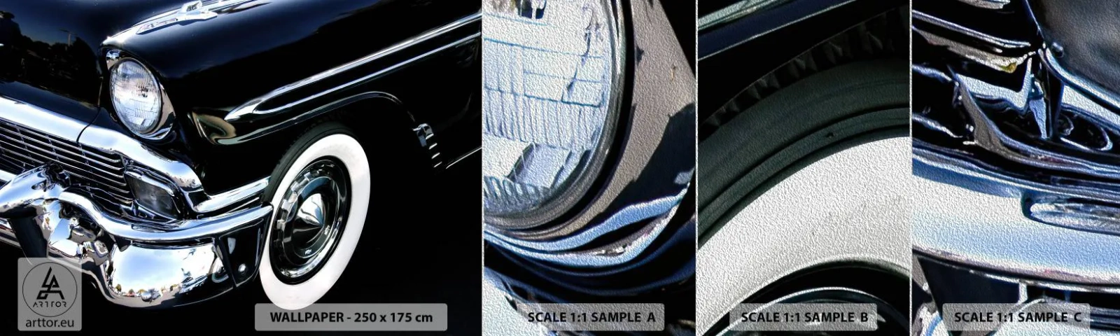 Mostră tapet Premium Sand - Clasicul în argintiu, negru și alb - Automobile, Mașină, alb și negru - 100x30 cm