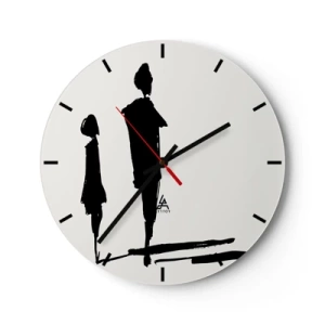 Ceas de perete - Ceas pe sticlă - Siluete negre a două figuri pe fundal alb, într-un stil schițat. - 30x30cm - Cu siguranță împreună? - Decorațiune modernă pentru perete pentru living, bucătărie și dormitor ARTTOR