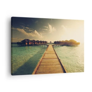 Tablou pe pânză Canvas - Un debarcader din lemn care duce spre casele de pe apă, iluminate de razele soarelui. - 70x50cm - O invitație caldă - Decorațiune modernă pentru perete pentru living și dormitor ARTTOR