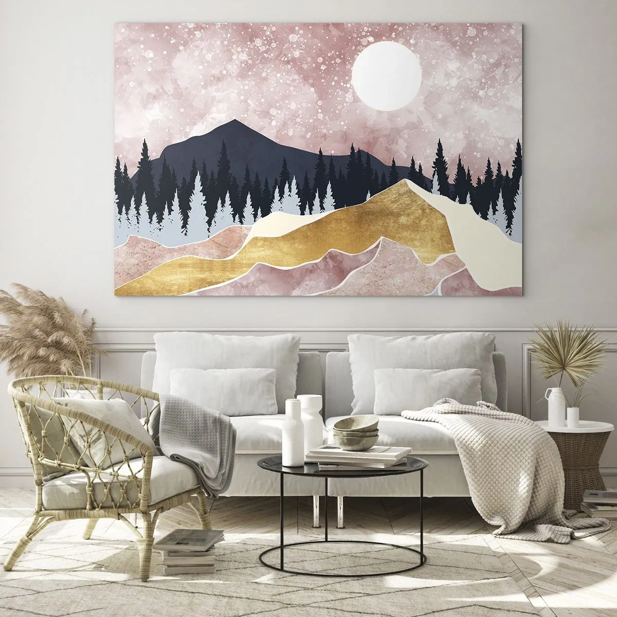 Tablou pe sticlă - Munți și pădure în lumina lunii pe un cer roz - 70x50cm - Garda de noapte - Decorațiune modernă pentru perete pentru living și dormitor ARTTOR