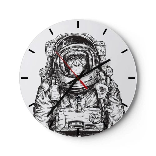 Ceas de perete - Ceas pe sticlă - O schiță alb-negru a unui astronaut maimuță. - 30x30cm - Evoluție alternativă - Decorațiune modernă pentru perete pentru living, bucătărie și dormitor ARTTOR