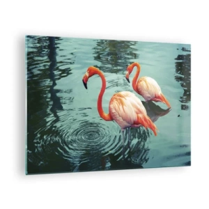 Tablou pe sticlă - Flamingo pe apă într-o compoziție armonioasă - 70x50cm - Suntem bune de revistele de modă - Decorațiune modernă pentru perete pentru living și dormitor ARTTOR