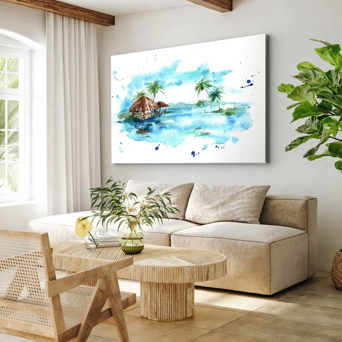 Tablou pe pânză Canvas - Pictură în acuarelă a unui peisaj tropical cu case și palmieri - 70x50cm - Undeva în Pacific - Decorațiune modernă pentru perete pentru living și dormitor ARTTOR