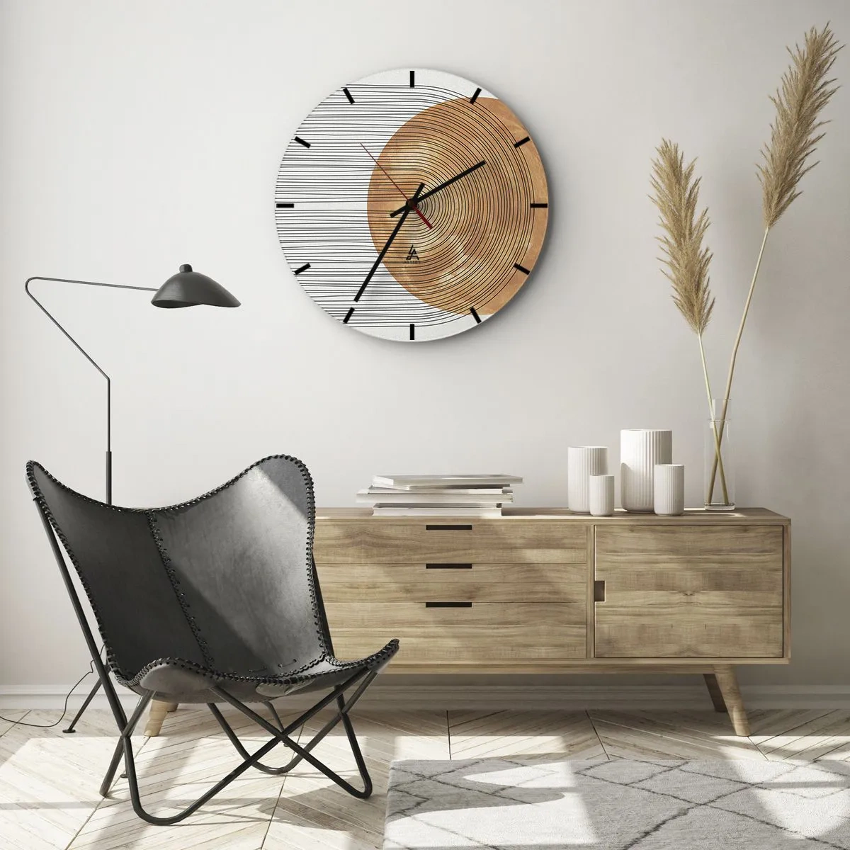 Ceas de perete - Ceas pe sticlă - Lemn și linii pe un fundal deschis în armonie geometrică - 30x30cm - Compoziția solară - Decorațiune modernă pentru perete pentru living, bucătărie și dormitor ARTTOR