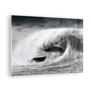 Tablou pe sticlă - Un val puternic surprins într-o estetică alb-negru - 70x50cm - Mânia oceanului - Decorațiune modernă pentru perete pentru living și dormitor ARTTOR