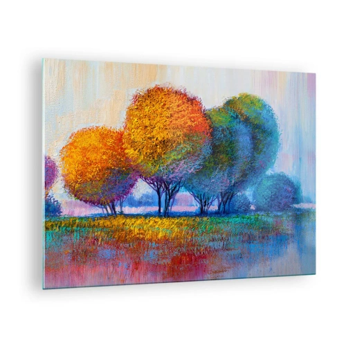 Tablou pe sticlă - Copaci colorați în culorile toamnei pe un cer albastru - 70x50cm - Coroanele culorilor - Decorațiune modernă pentru perete pentru living și dormitor ARTTOR