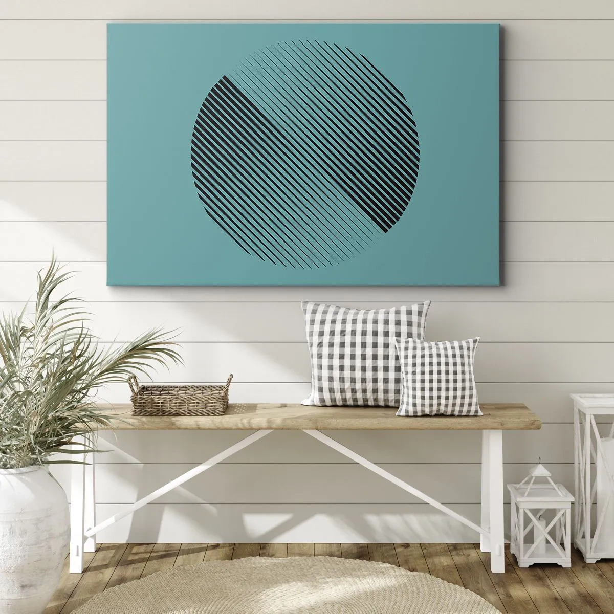 Tablou pe pânză Canvas - Un cerc minimalist cu linii pe un fundal turcoaz. - 70x50cm - Cercul - o variație geometrică - Decorațiune modernă pentru perete pentru living și dormitor ARTTOR