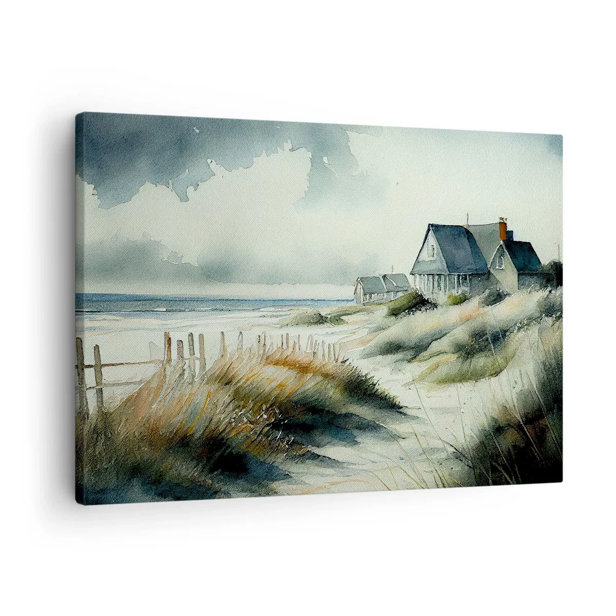 Tablou pe pânză Canvas - O casă la malul mării înconjurată de iarbă și cu vedere la mare - 70x50cm - Departe de agitație - Decorațiune modernă pentru perete pentru living și dormitor ARTTOR