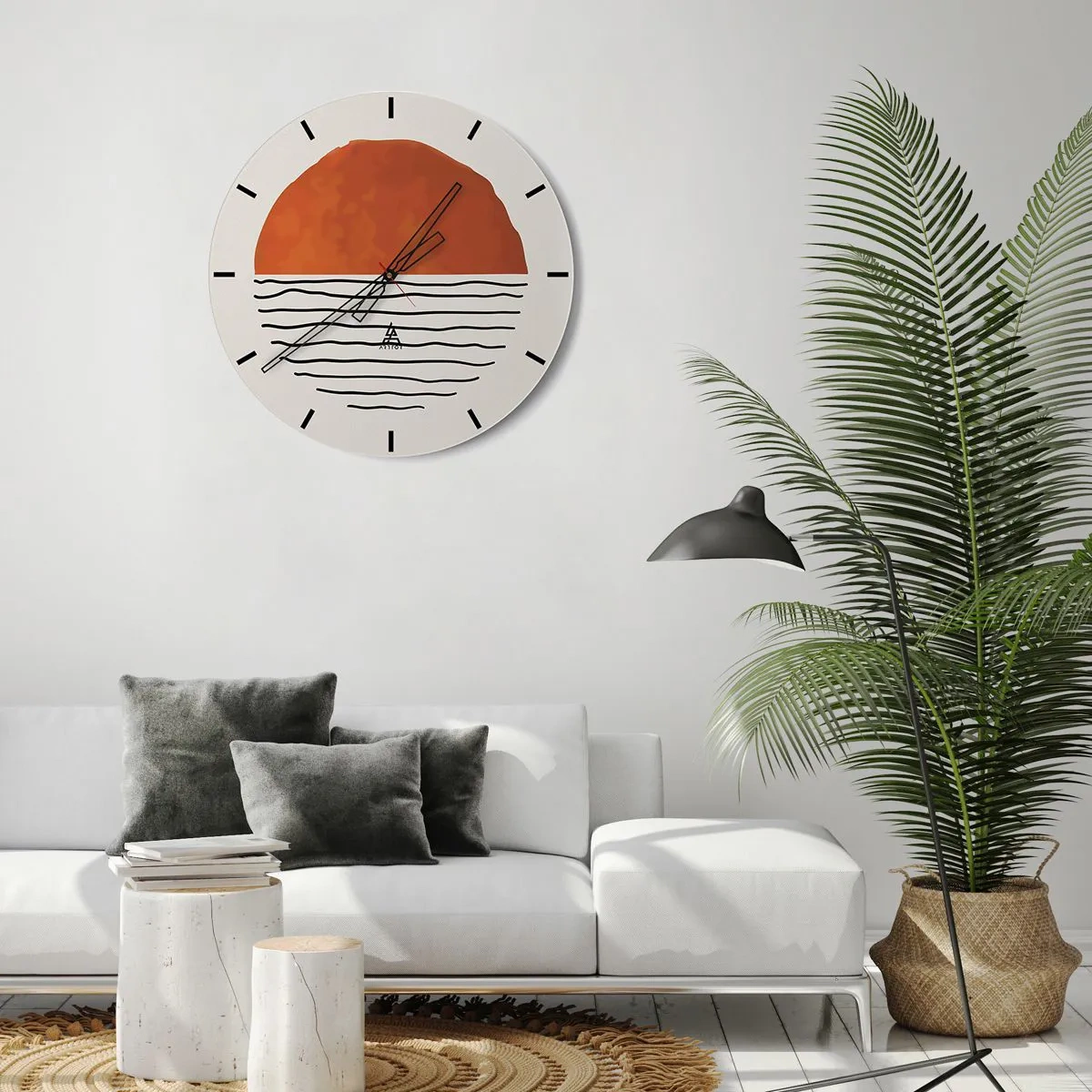 Ceas de perete - Ceas pe sticlă - Apus de soare minimalist peste apă - 30x30cm - În stil japonez - Decorațiune modernă pentru perete pentru living, bucătărie și dormitor ARTTOR