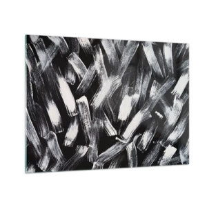Tablou pe sticlă - Abstracție alb-negru a tușelor de pensulă pe un fundal întunecat - 70x50cm - Abstracție în spirit industrial - Decorațiune modernă pentru perete pentru living și dormitor ARTTOR