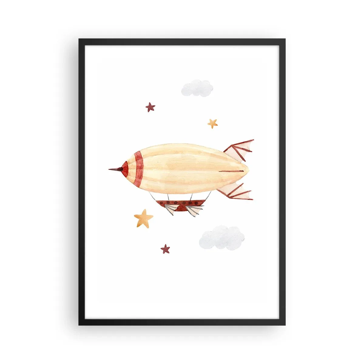 Poster în ramă neagră - Un dirijabil în acuarelă plutind printre stele și nori. - 50x70cm - Aeronava - Decorațiune modernă pentru perete pentru living și dormitor ARTTOR