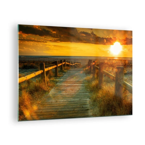 Tablou pe sticlă - O potecă de lemn care duce spre apusul soarelui - 70x50cm - Scăldat în aur vechi - Decorațiune modernă pentru perete pentru living și dormitor ARTTOR