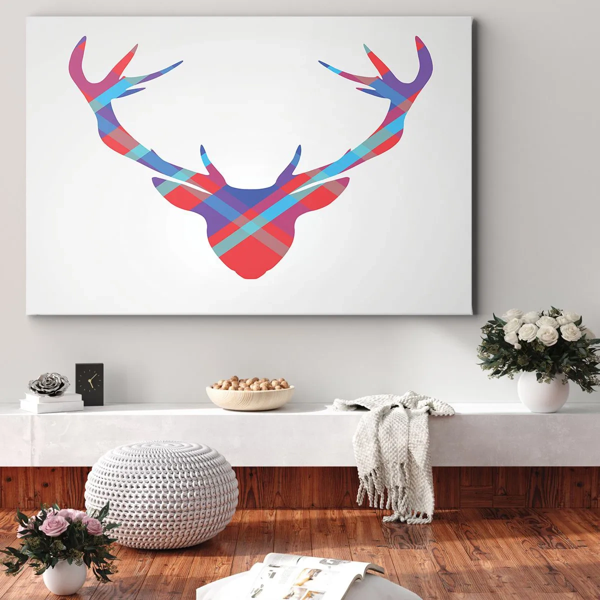 Tablou pe pânză Canvas - Imagine geometrică a unui cerb pe un fundal deschis - 70x50cm - Cerb scoțian - Decorațiune modernă pentru perete pentru living și dormitor ARTTOR