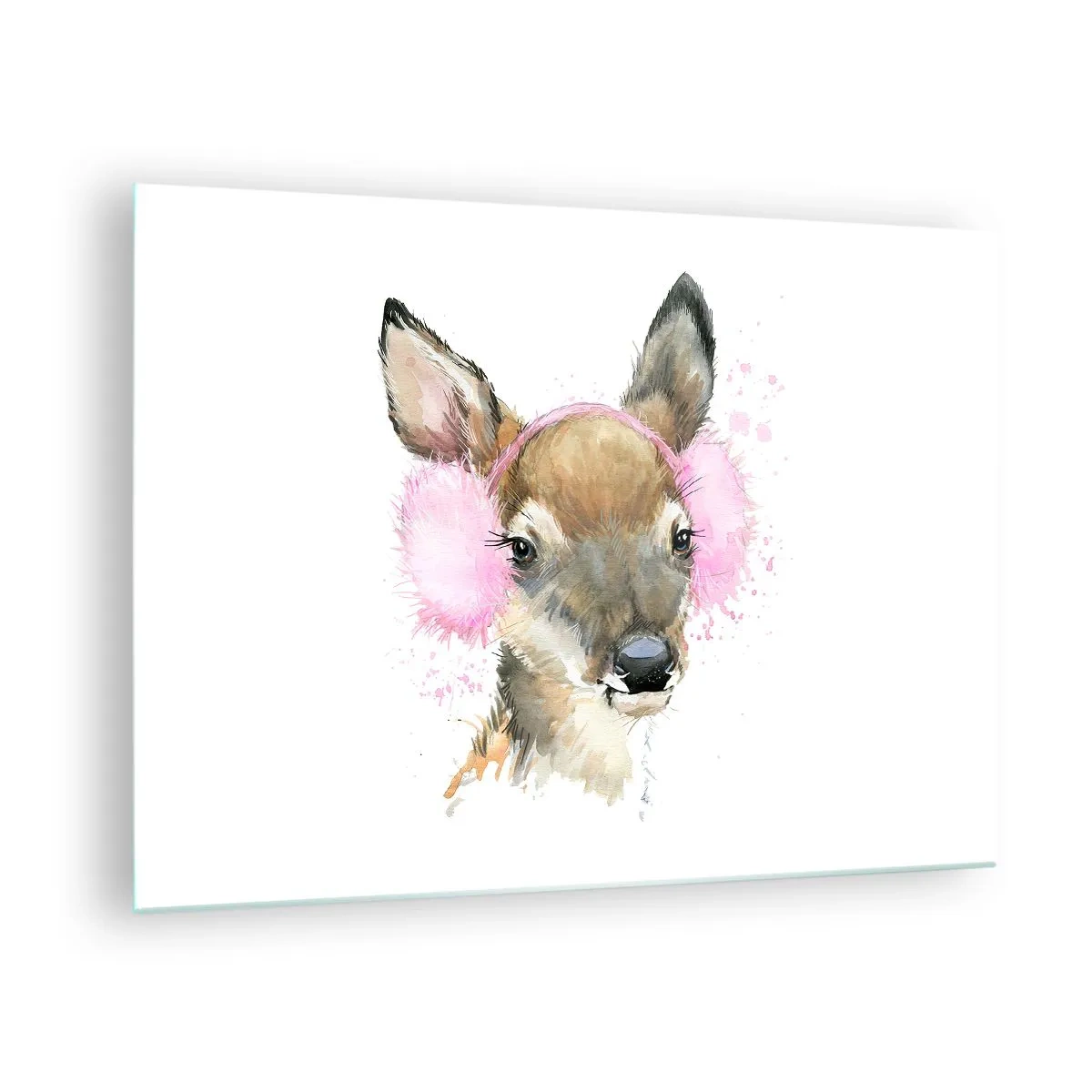 Tablou pe sticlă - Un cerb în căști roz de blană - 70x50cm - Și gerul nu mai este înfricoșător - Decorațiune modernă pentru perete pentru living și dormitor ARTTOR