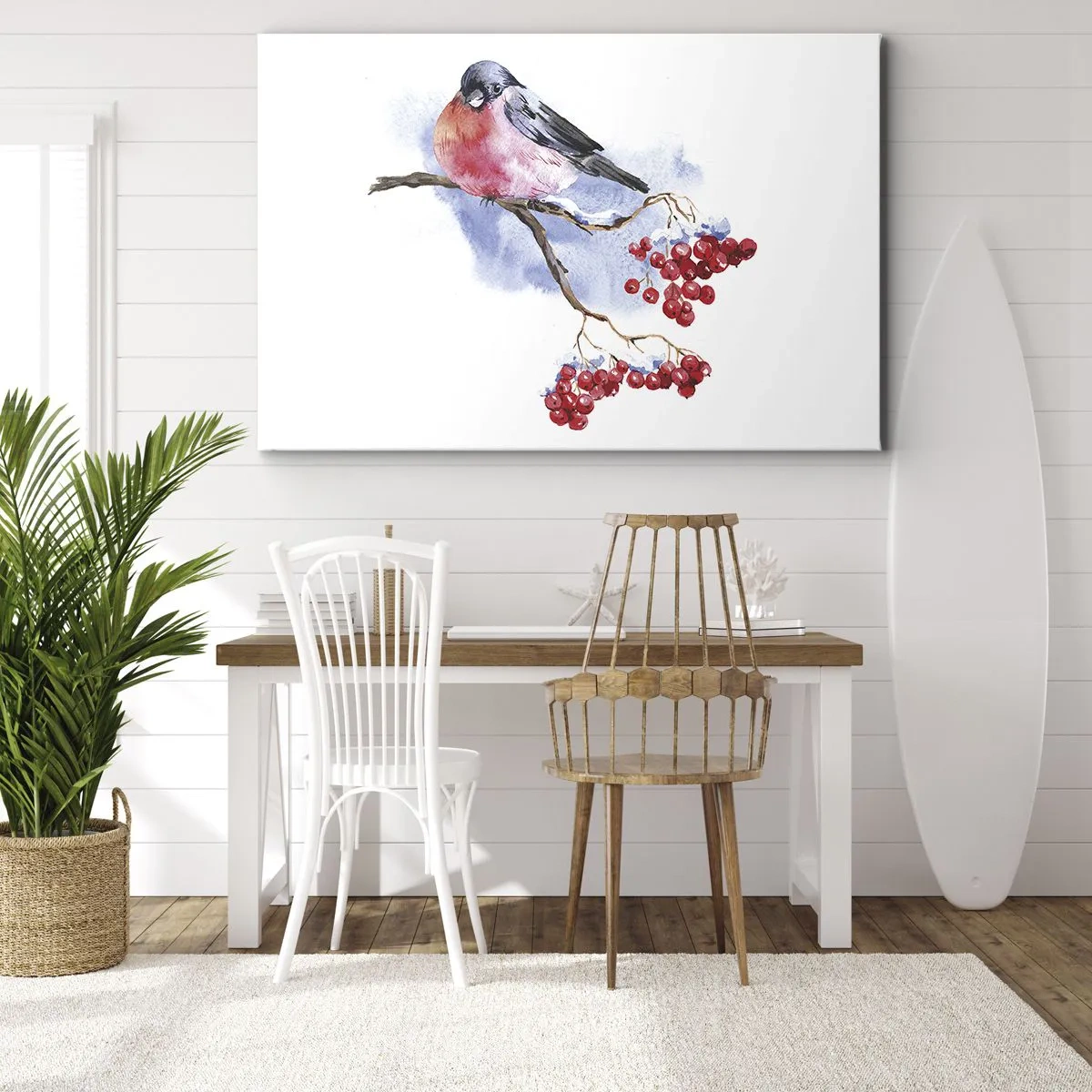 Tablou pe pânză Canvas - Pasăre pe o ramură cu fructe roșii în fundalul acuarelei - 70x50cm - Iarna în culori - Decorațiune modernă pentru perete pentru living și dormitor ARTTOR