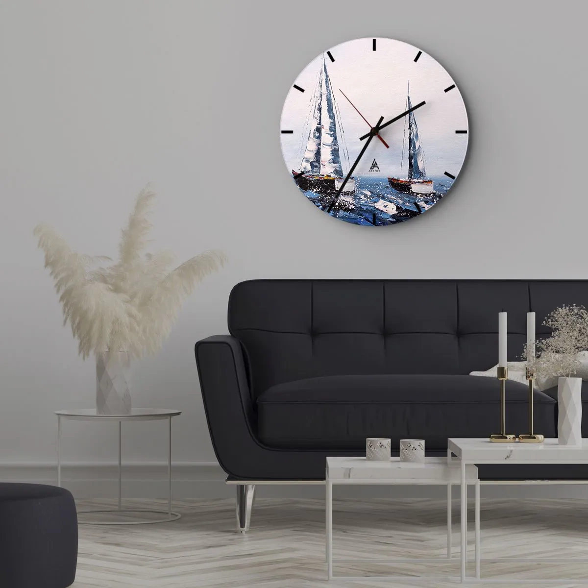 Ceas de perete - Ceas pe sticlă - Două bărci cu pânze pe o mare furtunoasă într-un stil pictural - 30x30cm - Frăția vântului - Decorațiune modernă pentru perete pentru living, bucătărie și dormitor ARTTOR