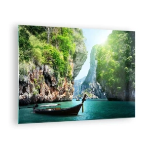 Tablou pe sticlă - O barcă tradițională pe apa turcoaz printre stânci - 70x50cm - Invitație la o călătorie exotică - Decorațiune modernă pentru perete pentru living și dormitor ARTTOR