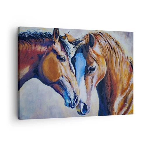 Tablou pe pânză Canvas - O reprezentare picturală a doi cai într-un cadru prietenos. - 70x50cm - Două suflete apropiate - Decorațiune modernă pentru perete pentru living și dormitor ARTTOR