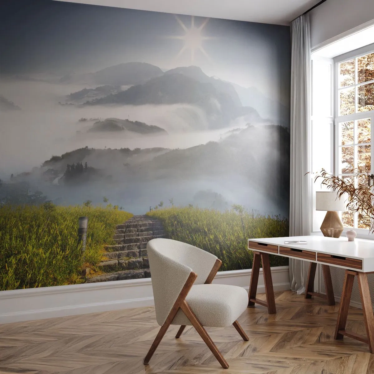 Tapet Standard Eco - Scări de piatră care duc spre munții învăluiți în ceață - 100x70cm - Tot spre nori - Decorațiune modernă pentru perete pentru living și dormitor ARTTOR