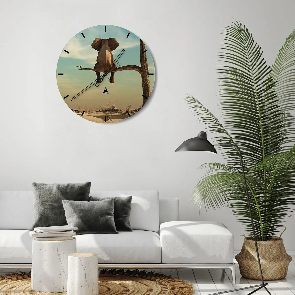 Ceas de perete - Ceas pe sticlă - Un elefant așezat pe ramura unui copac singuratic pe cer - 30x30cm - Un nou punct de vedere - Decorațiune modernă pentru perete pentru living, bucătărie și dormitor ARTTOR