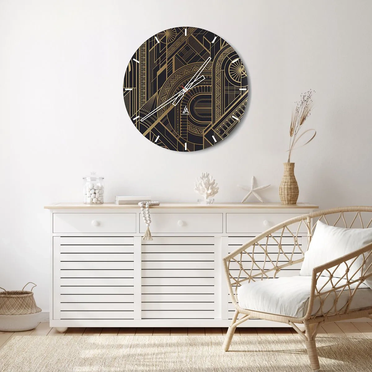 Ceas de perete - Ceas pe sticlă - Model geometric abstract în culori aurii - 30x30cm - Concepte, idei, planuri - Decorațiune modernă pentru perete pentru living, bucătărie și dormitor ARTTOR