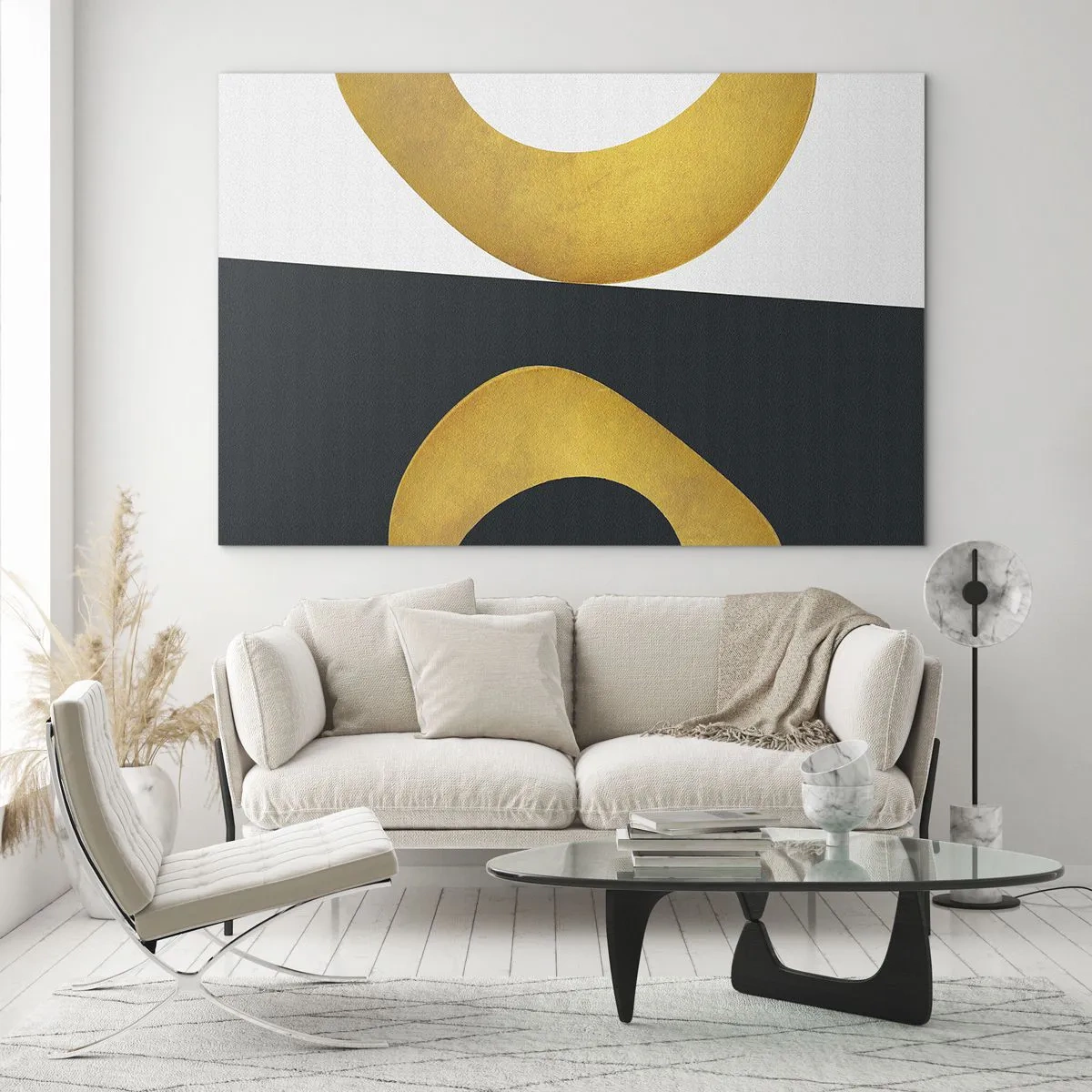 Tablou pe sticlă - Forme geometrice aurii pe fundal alb și negru - 70x50cm - În primul rând: aurul - Decorațiune modernă pentru perete pentru living și dormitor ARTTOR