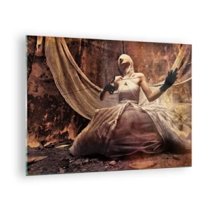 Tablou pe sticlă - Figură feminină într-un decor artistic cu țesături - 70x50cm - Zeița destinului - Decorațiune modernă pentru perete pentru living și dormitor ARTTOR