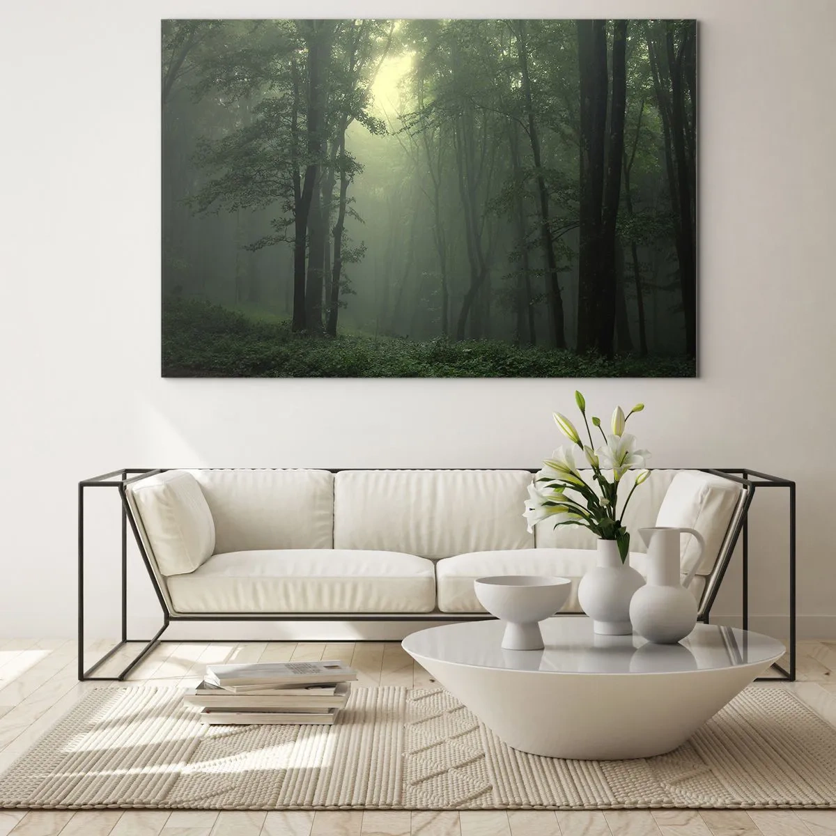 Tablou pe sticlă - O pădure întunecată învăluită în ceață cu raze de lumină - 70x50cm - Înainte să se trezească - Decorațiune modernă pentru perete pentru living și dormitor ARTTOR