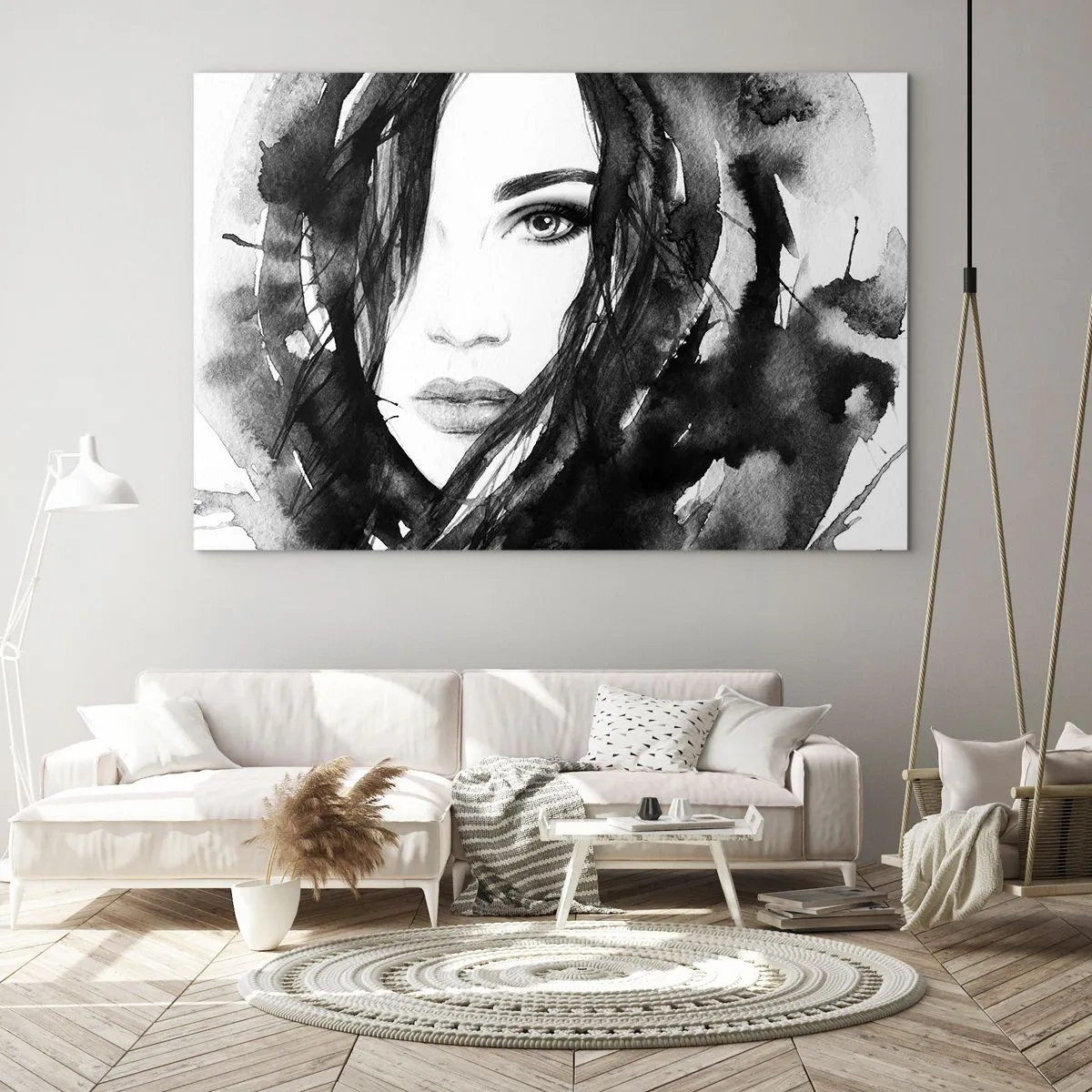Tablou pe sticlă - Studiu unei dame în alb și negru - 100x70 cm