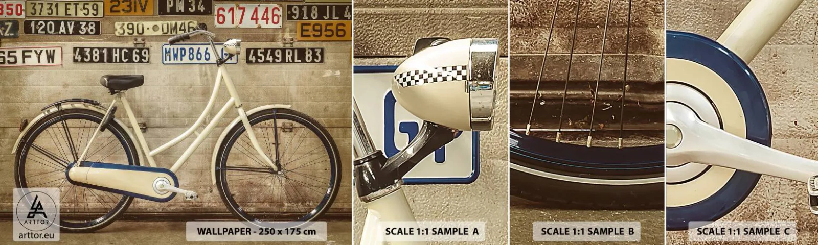 Mostră tapet autocolant Deluxe Sticker - Fără complexe - mural, Bicicleta, Farfurii - 100x30 cm