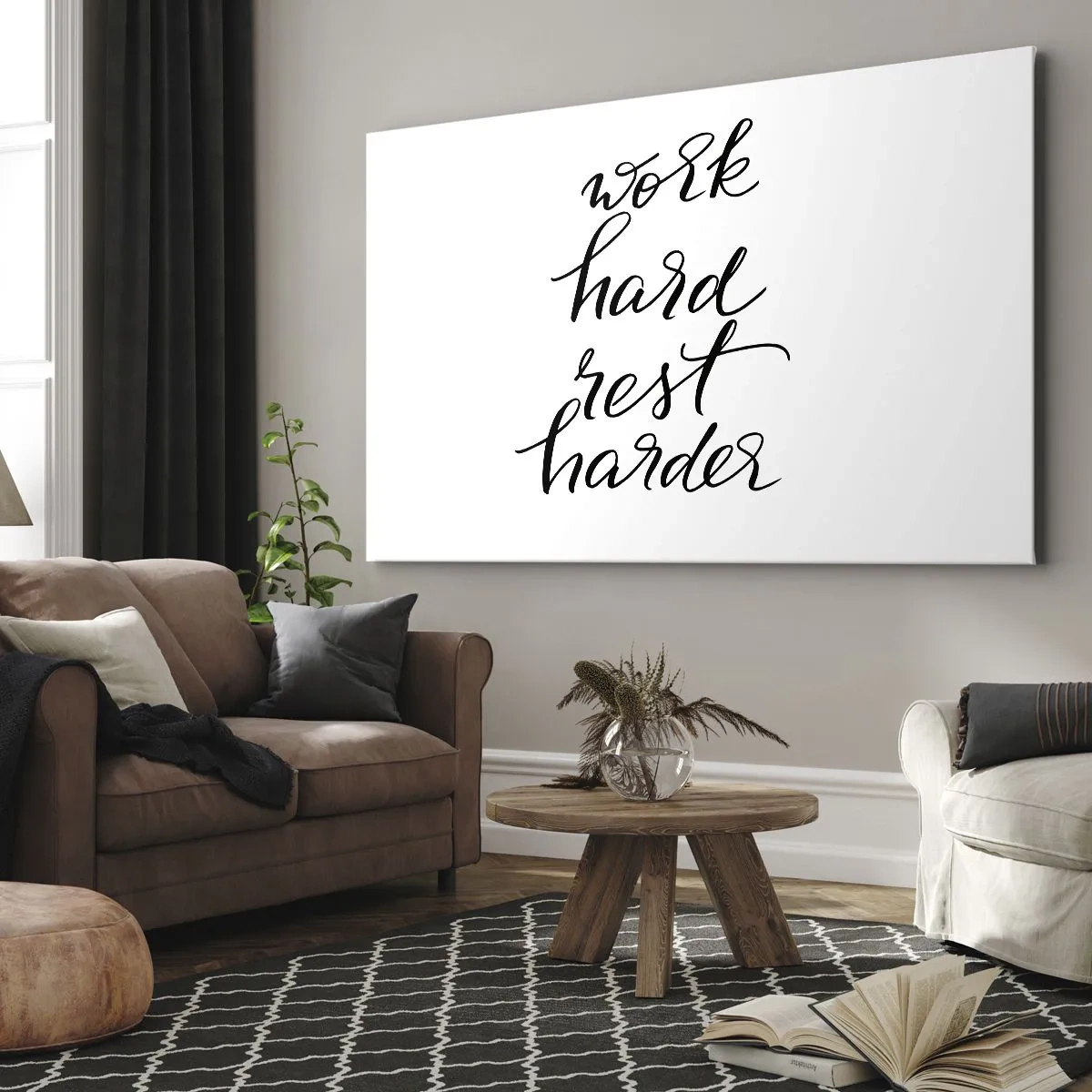 Tablou pe pânză Canvas - Citat „Muncă din greu, odihnește-te mai greu” pe fundal alb - 70x50cm - Echilibrul vieții - Decorațiune modernă pentru perete pentru living și dormitor ARTTOR