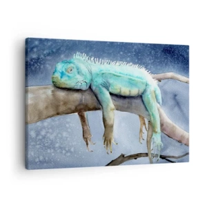 Tablou pe pânză Canvas - Iguana albastră odihnindu-se pe o creangă - 70x50cm - Este bine! - Decorațiune modernă pentru perete pentru living și dormitor ARTTOR