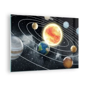 Tablou pe sticlă - Sistemul solar cu planete și orbite pe fundalul spațiului - 70x50cm - Dans cosmic - Decorațiune modernă pentru perete pentru living și dormitor ARTTOR