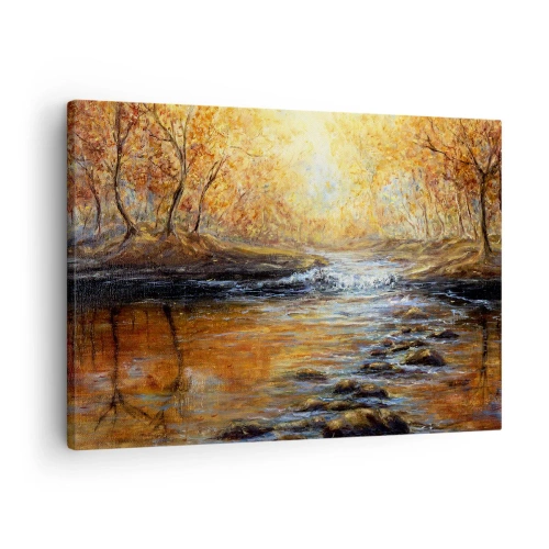 Tablou pe pânză Canvas - Peisaj de toamnă cu un râu printre copaci - 70x50cm - Pârâul de aur - Decorațiune modernă pentru perete pentru living și dormitor ARTTOR