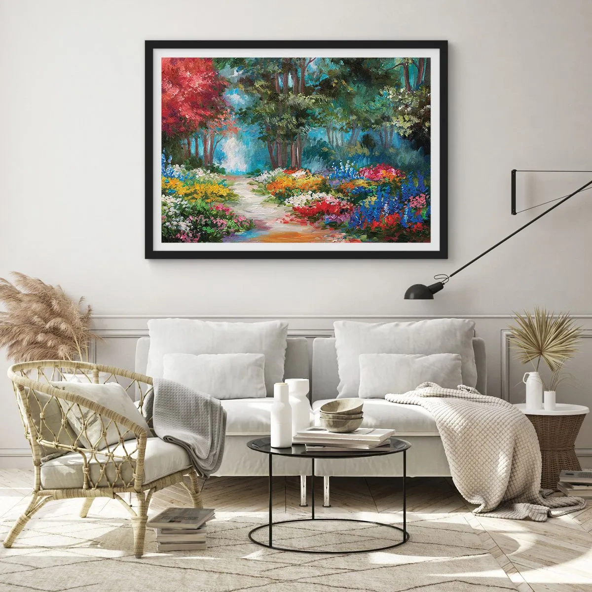 Poster în ramă neagră - Grădină de pădure, pădure de flori - 100x70 cm
