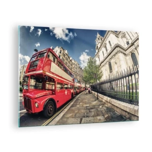 Tablou pe sticlă - Un autobuz roșu cu etaj într-un cadru urban - 70x50cm - Stradă din Londra în gri și roșu - Decorațiune modernă pentru perete pentru living și dormitor ARTTOR