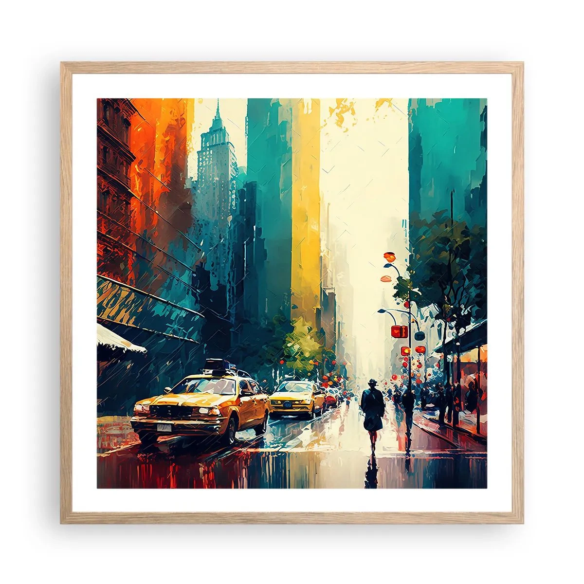 Poster în ramă de stejar deschis - New York - aici și ploaia este colorată - 60x60 cm