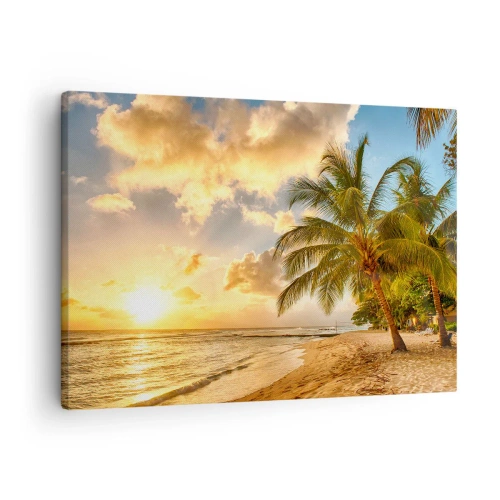 Tablou pe pânză Canvas - Plajă cu palmieri și apus de soare peste ocean - 70x50cm - Vară eternă, întotdeauna o vacanță - Decorațiune modernă pentru perete pentru living și dormitor ARTTOR