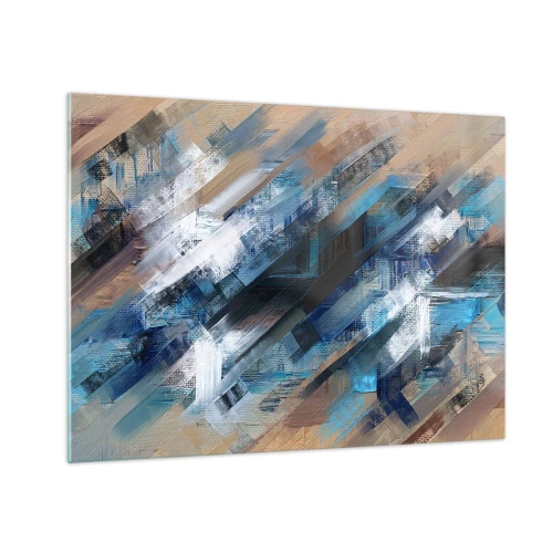 Tablou pe sticlă - Dungi diagonale abstracte în nuanțe de albastru, alb și bej - 70x50cm - Pe o pantă albastră - Decorațiune modernă pentru perete pentru living și dormitor ARTTOR