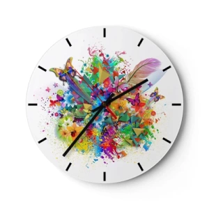 Ceas de perete - Ceas pe sticlă - Abstracție colorată cu fluturi și pene - 30x30cm - Buchet de bucurie - Decorațiune modernă pentru perete pentru living, bucătărie și dormitor ARTTOR