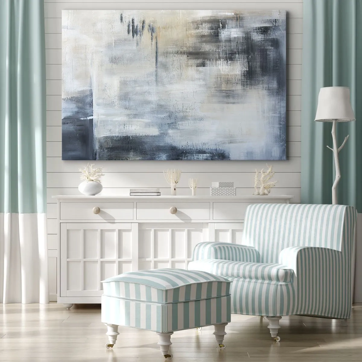 Tablou pe pânză Canvas - Compoziție abstractă în nuanțe de albastru și gri - 70x50cm - În spatele unui voal albastru - Decorațiune modernă pentru perete pentru living și dormitor ARTTOR