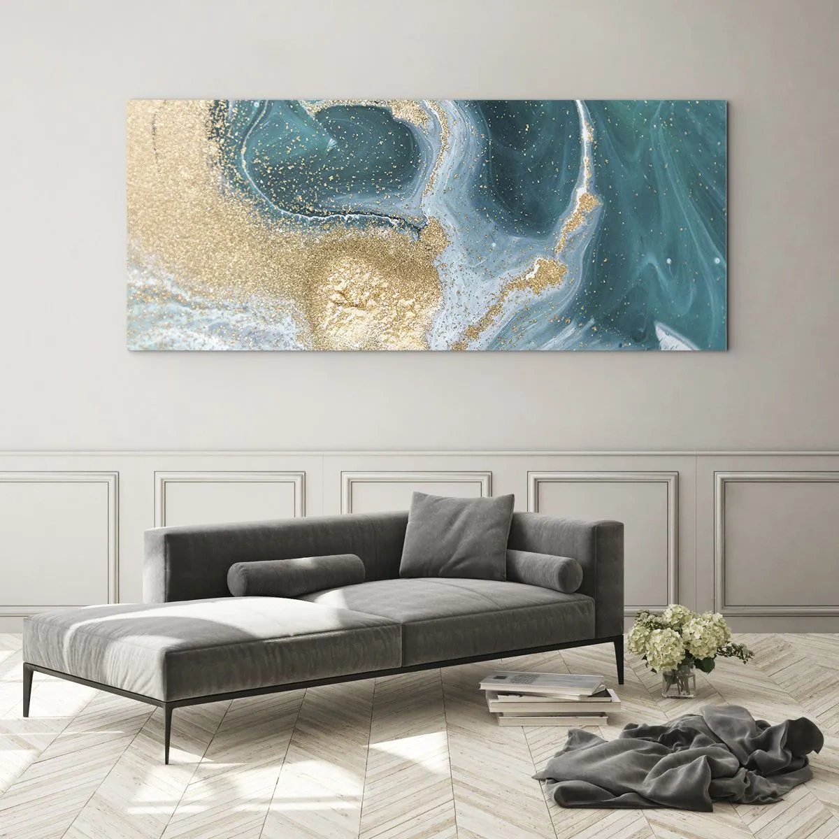 Tablou pe sticlă - Vârtej de aur și turcoaz - 120x50 cm